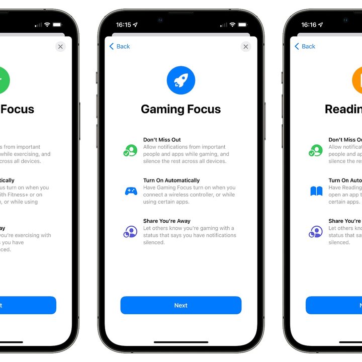 Three iPhones screens showing custom focus modes for Fitness, Gaming, and Reading.