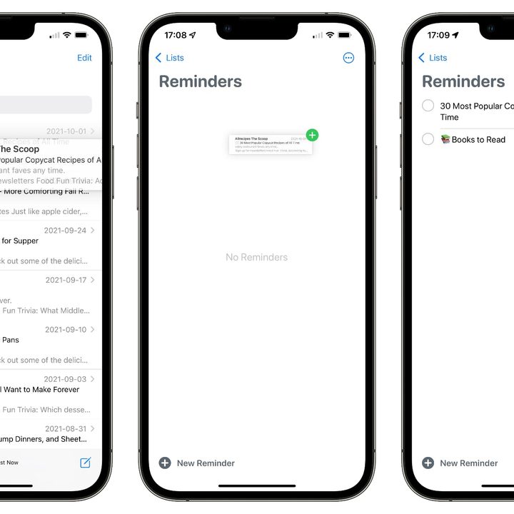 iPhone screens showing an email message being dragged and dropped into the Reminders app.