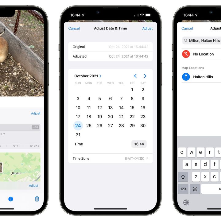 Screens for editing date, time, and location of a photo in iOS 15.