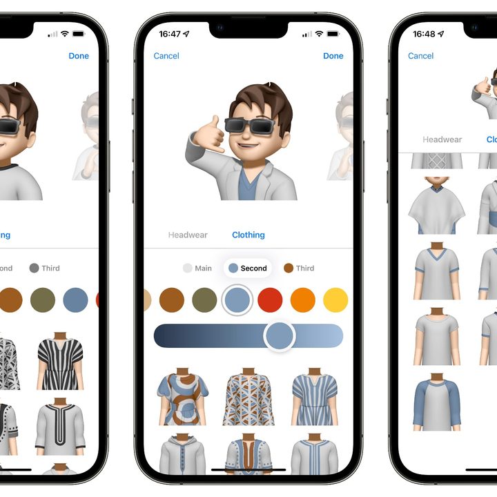 Screens for customizing a Memoji's clothing in iOS 15.