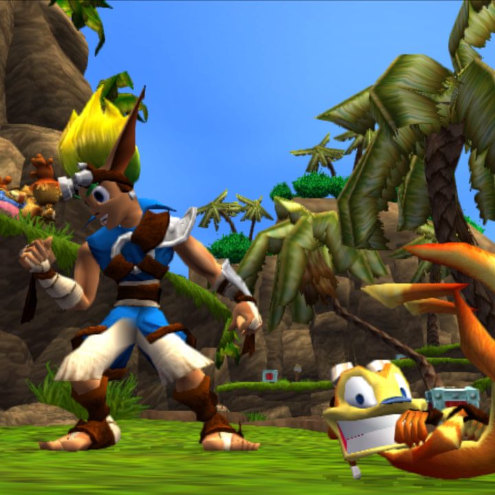 Jak and Daxter posing after getting a power cell in Jak and Daxter: The Precursor Legacy.
