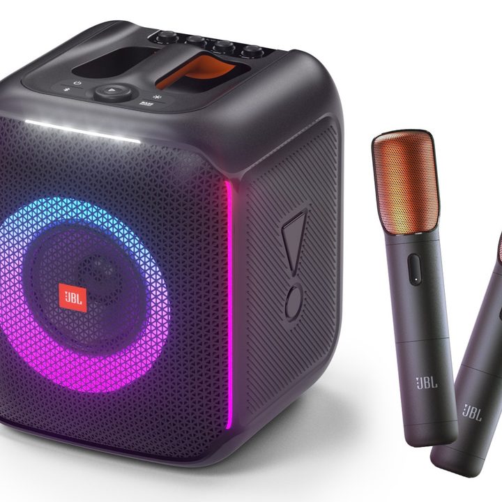 JBL PartyBox Encore Bluetooth speaker and karaoke mics.