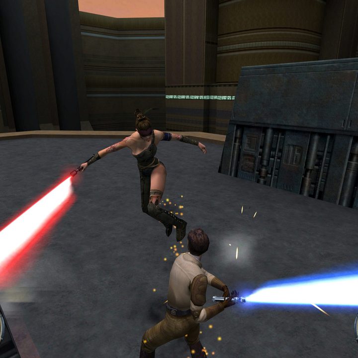 A Jedi and Sith dueling on a roof in Star Wars Jedi Knight II: Jedi Outcast..
