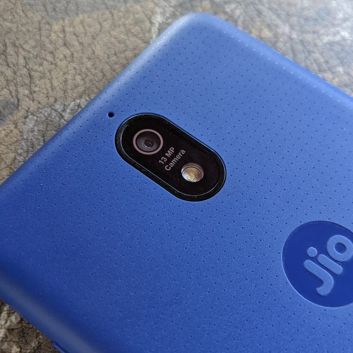 The rear panel of the JioPhone Next with a close-up of its camera array.