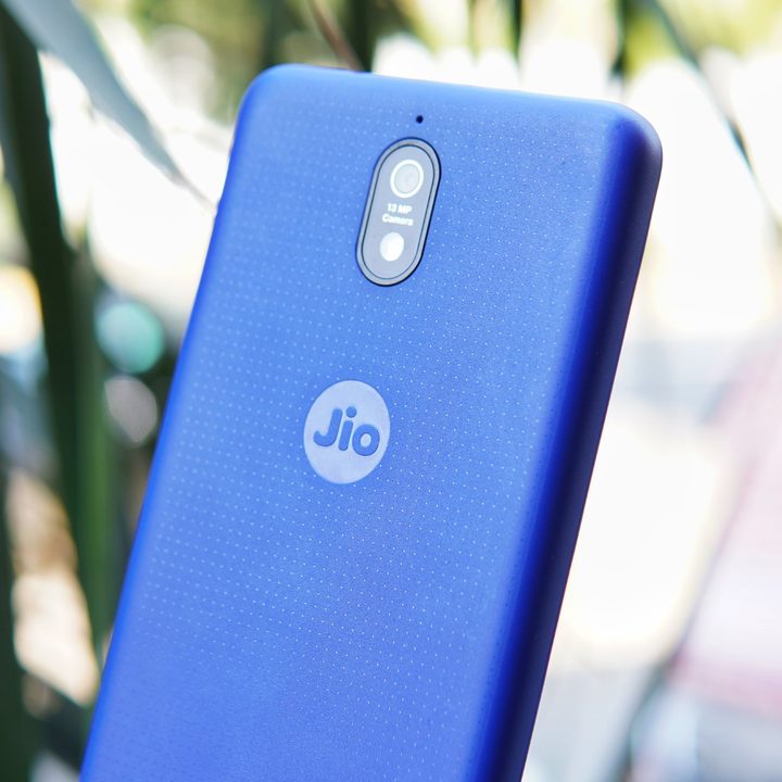The rear panel of the JioPhone Next seen from an angle.