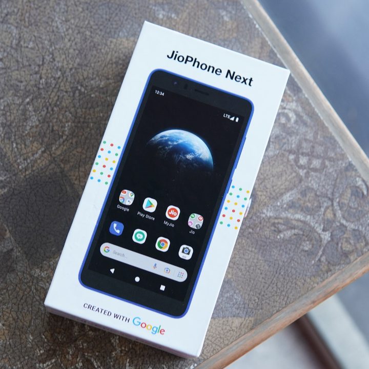 The retail packaging of the JioPhone Next with the prominent Google branding.