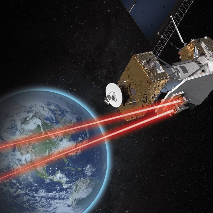 Illustration of NASA's Laser Communications Relay Demonstration communicating over laser links.