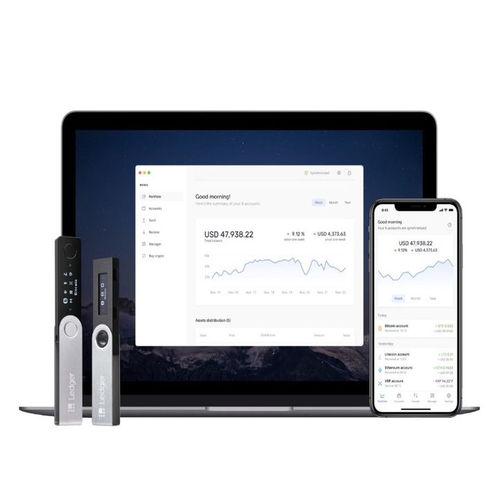 Ledger hardware wallets with app on desktop and mobile.