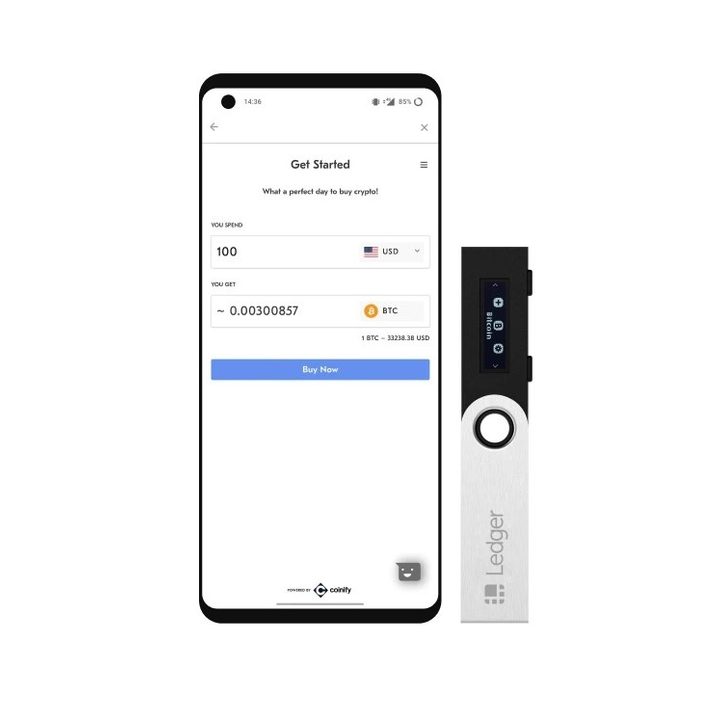 Ldger Nano S next to mobile app UI.