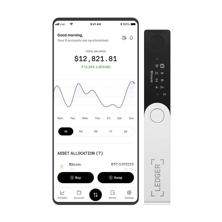 Ledger Nano X next to Ledger Live application.