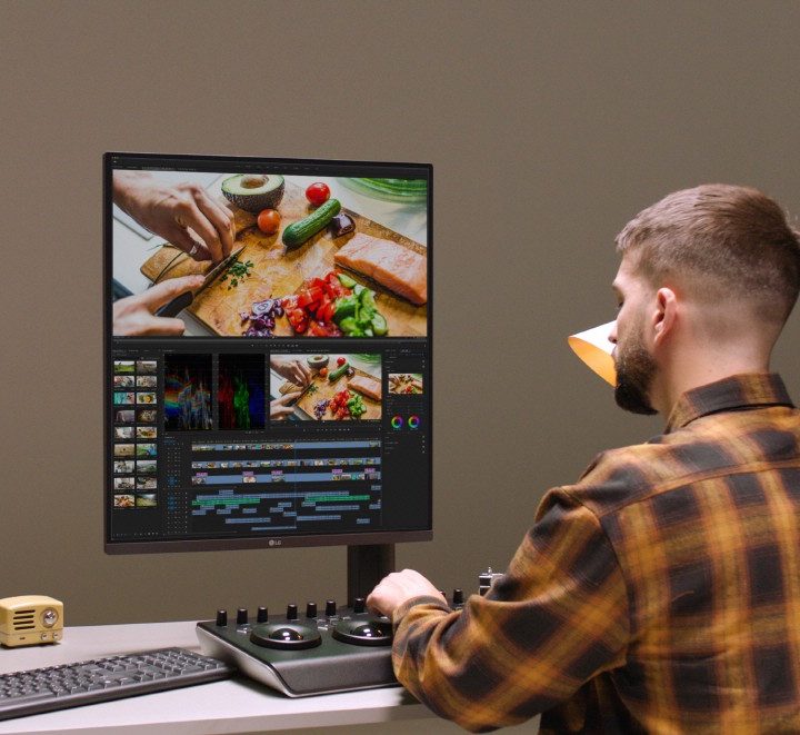 The square-shaped LG DualUp monitor being used on a desk.