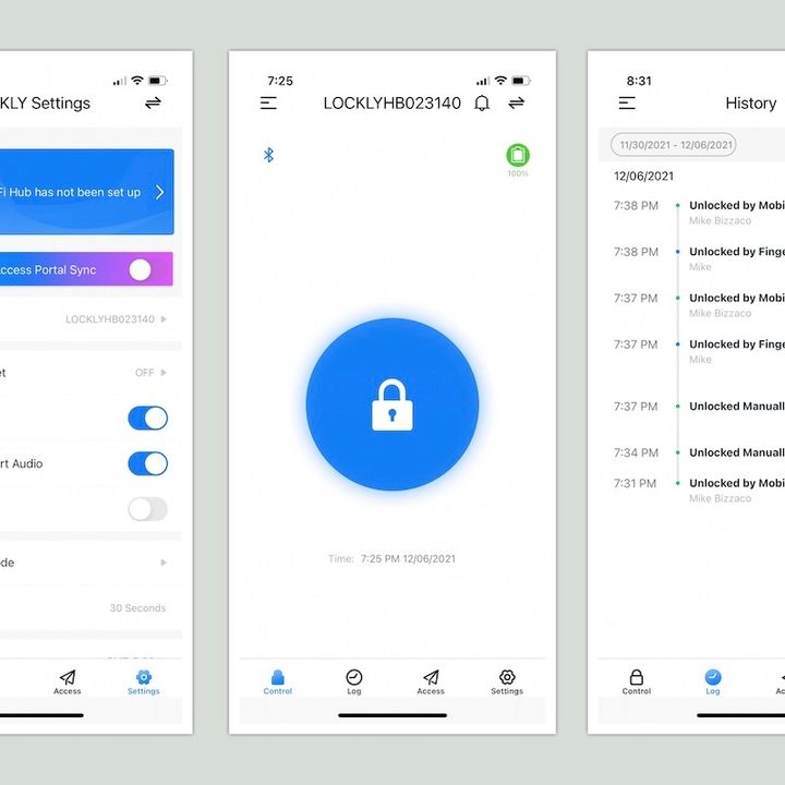 Three screens from the Lockly companion app (on an iOS device).