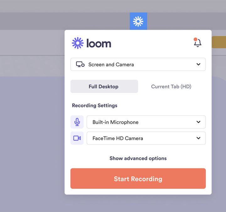 Loom screen recorder function in the Chrome browser extension.