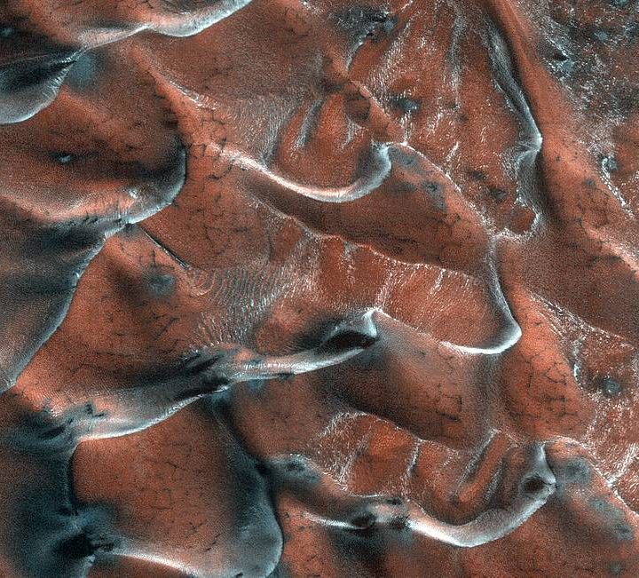 Frosty sand dunes on Mars.