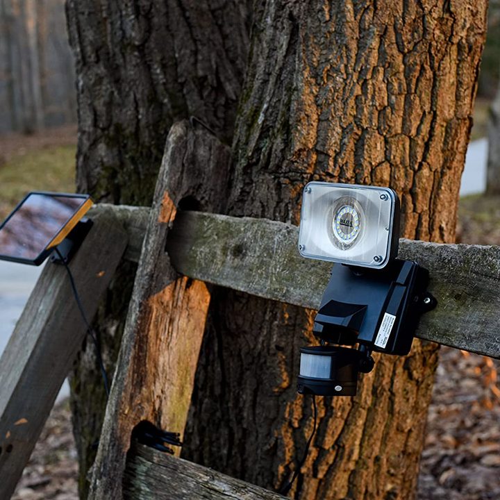 Maxsa solar motion camera installed outside by tree.
