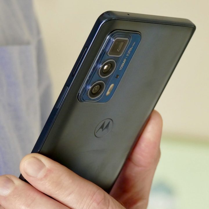 A close-up of the rear panel of the Motorola Edge 20 Pro.