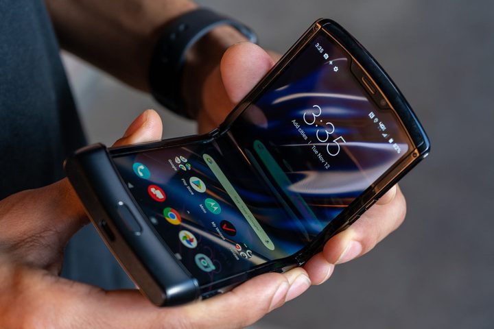 A close-up of the first generation Motorola Razr with its foldable display seen clearly.