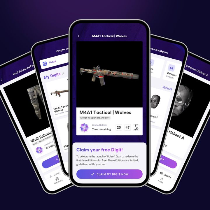 Multiple phone screens showing the NFT-focused service called Ubisoft Quartz.