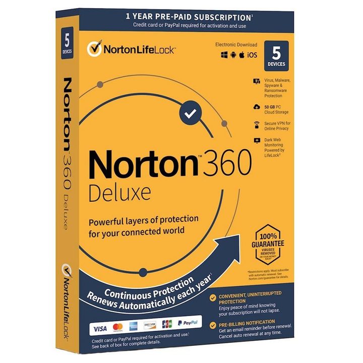 The box of the Norton 360 Deluxe antivirus software with LifeLock.
