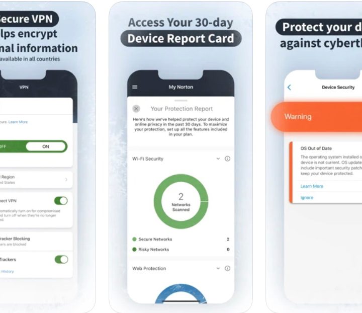 Sample screens from then Norton 360 Mobile Security app.