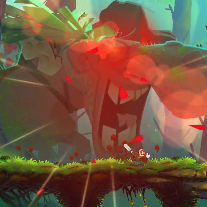 Oddmar battles a screaming enemies in the woods.