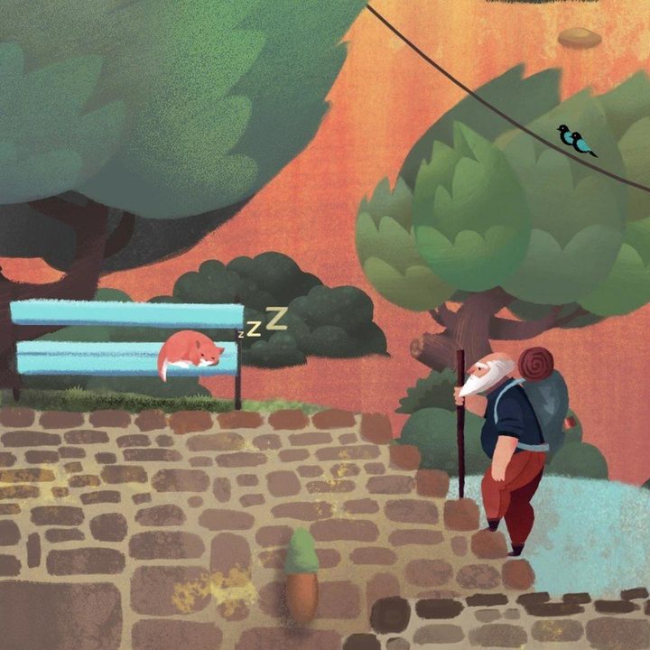 A cat sleeps on a bench in Old Man's Journey.