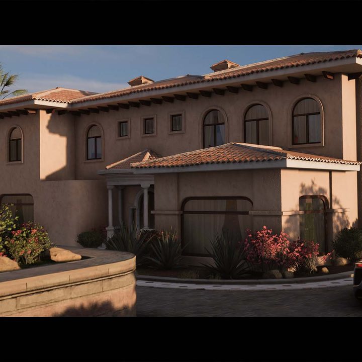 A cinematic view of the player in Forza Horizon 5 arriving at the Buenas Vistas house.