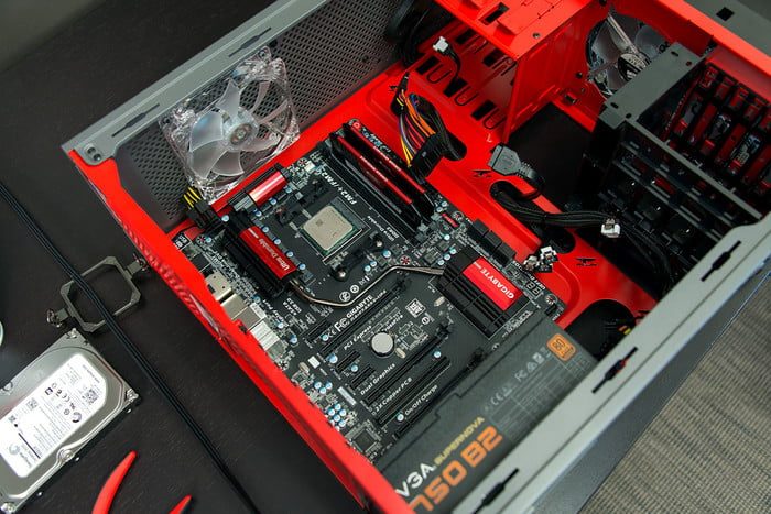Motherboard installed in PC case.