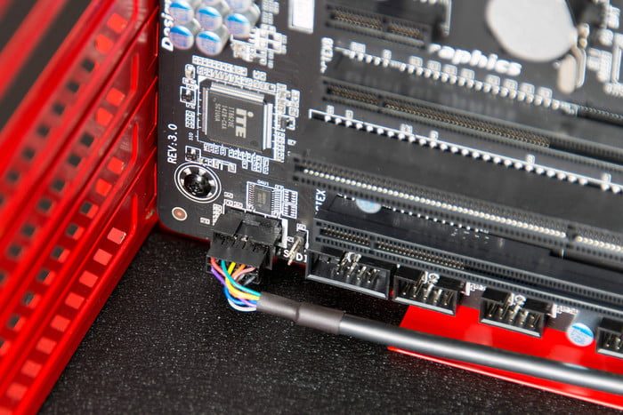 Front panel connectors attached to a motherboard.