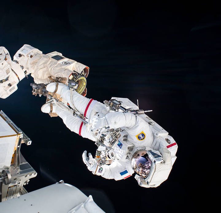 Astronaut Thomas Pesquet during a spacewalk at the ISS.
