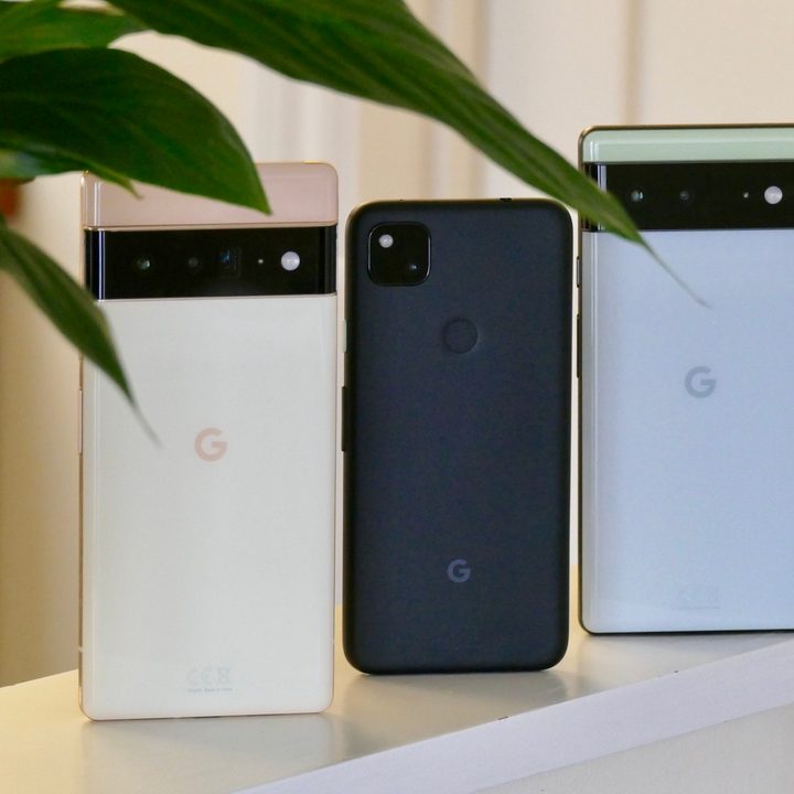 Pixel 6 Pro with the Pixel 6, and Pixel 4a in the middle.
