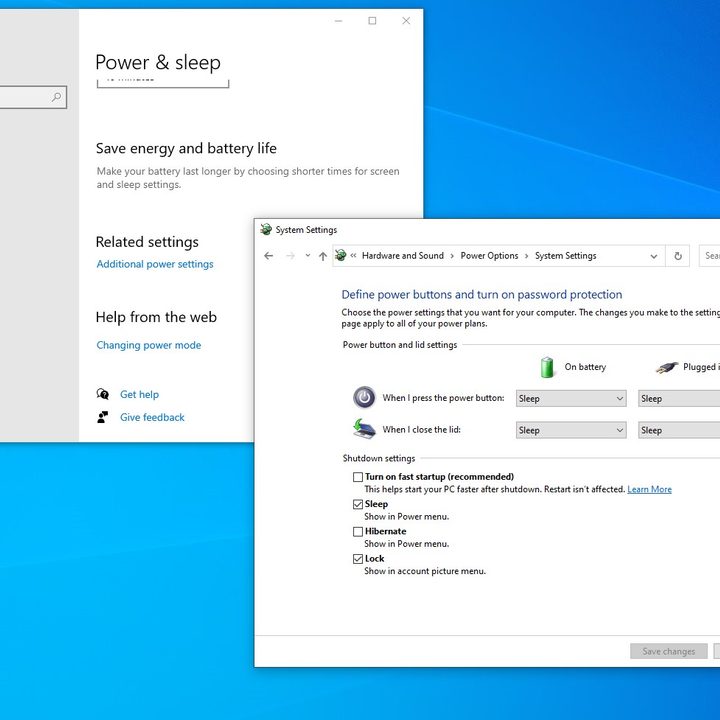 Power options in Windows 10.