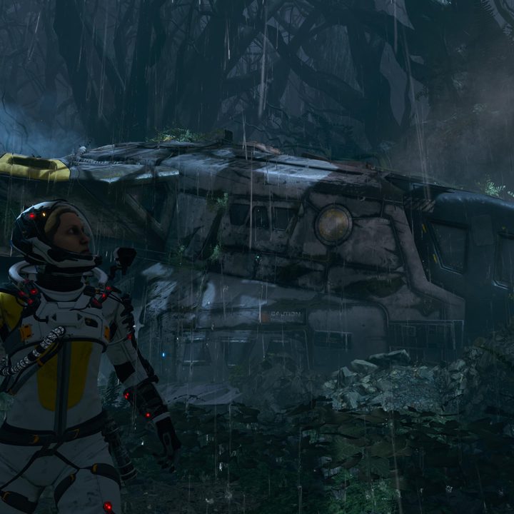 Selene standing by ship in Returnal.