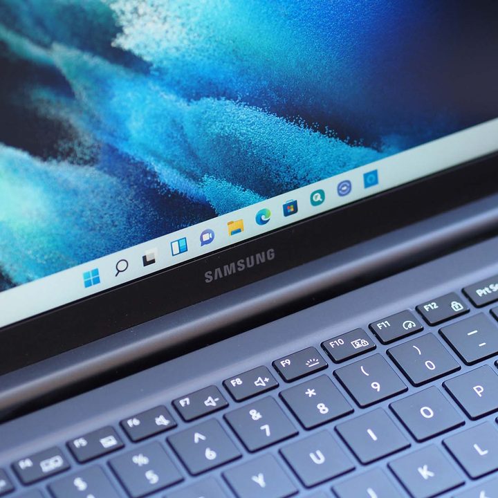 A close-up image of the Samsung Galaxy Book Odyssey's display and keyboard.