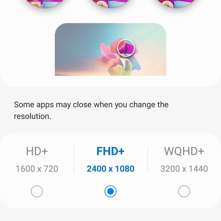 These are the Resolution settings for a Galaxy S21
