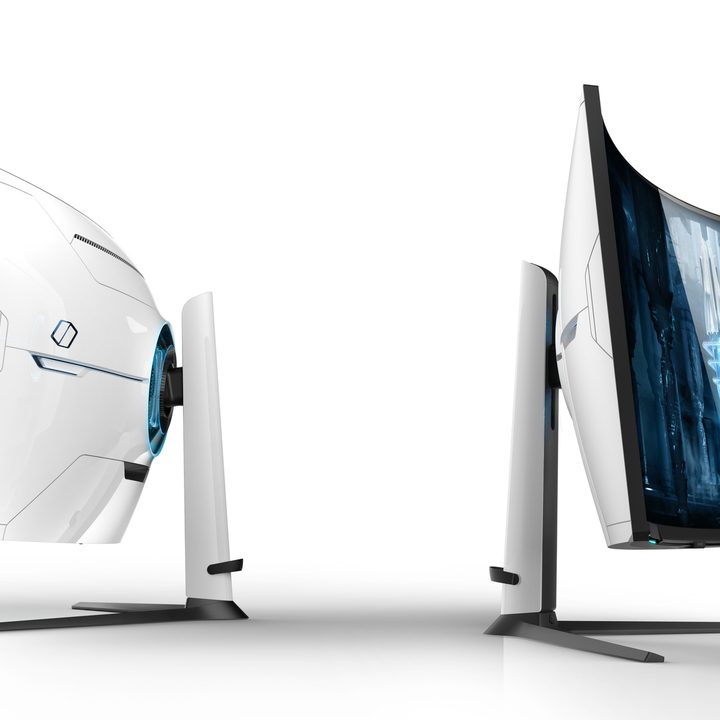 New Samsung Odyssey Neo G8 monitor seen from the side and from behind.