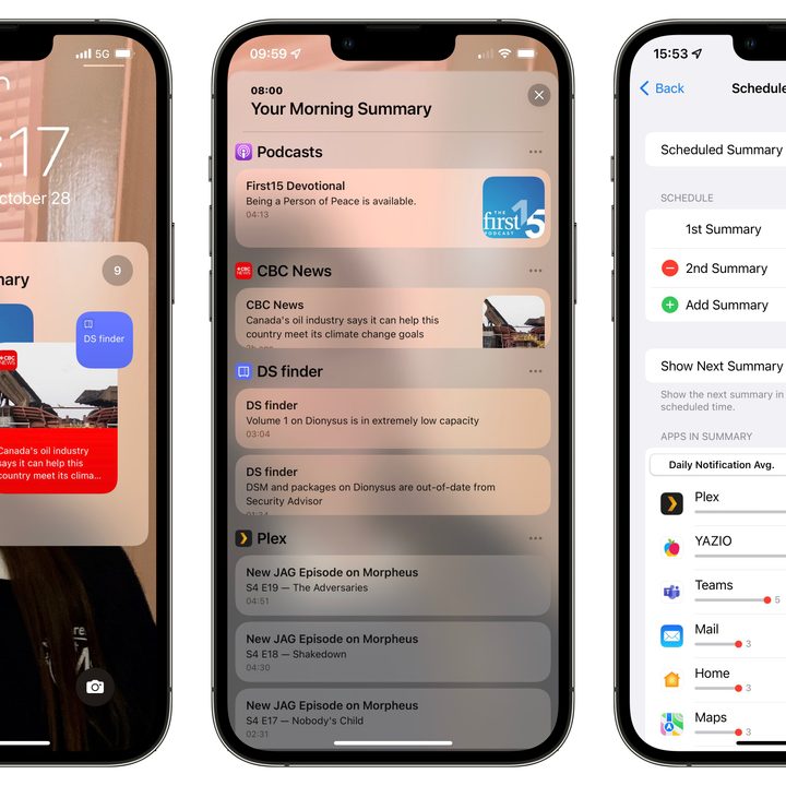 Three iPhone screens showing Notification Summaries in iOS 15.1.