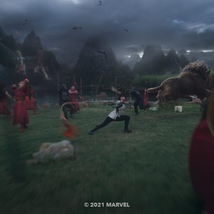 A fight scene in the village of Ta Lo from Shang-Chi and the Legend of the Ten Rings.