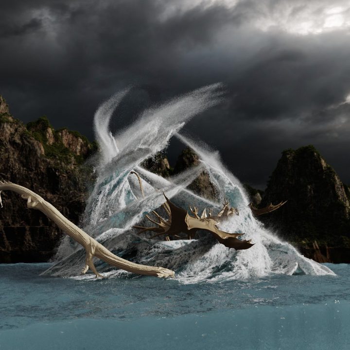 Visual effects work depicting dragons fighting over water in a scene from Shang-Chi and the Legend of the Ten Rings.