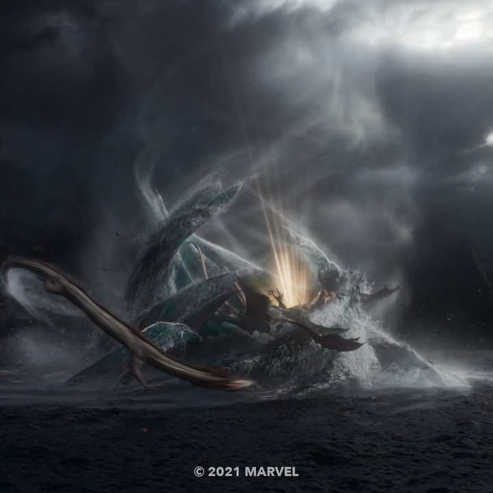 Dragons fighting over water in a scene from Shang-Chi and the Legend of the Ten Rings.