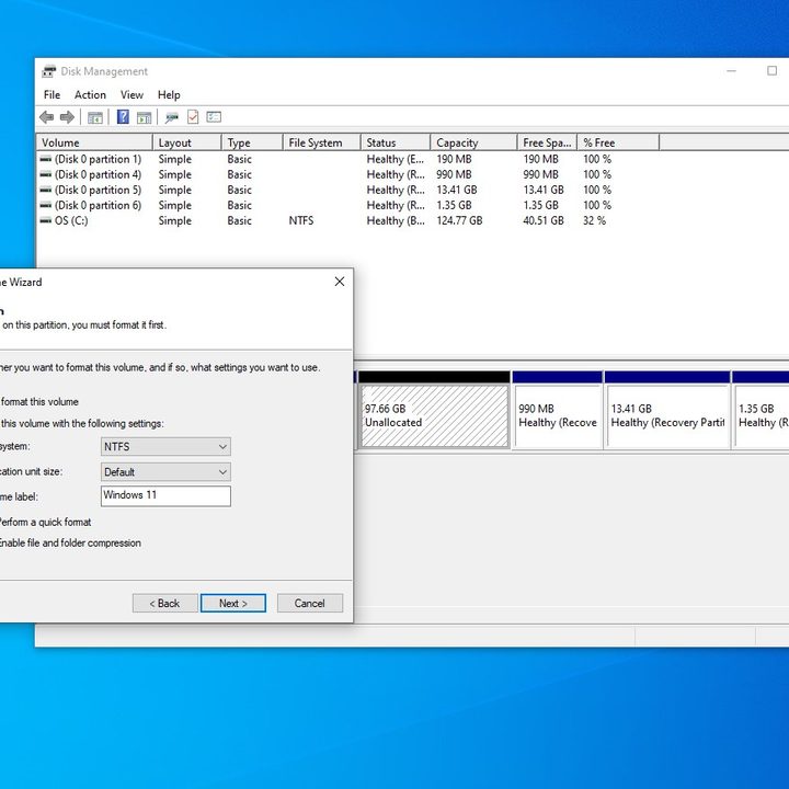 Creating a new volume in Windows 10.