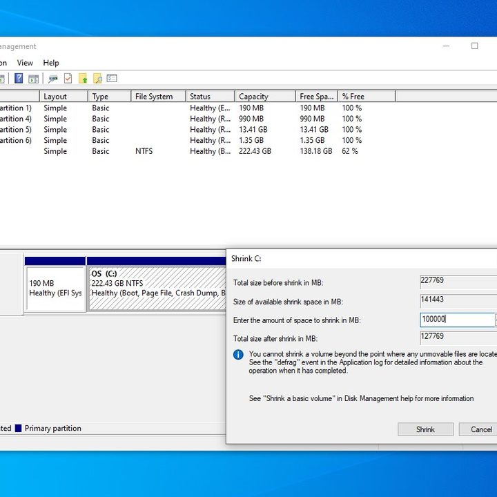Shrinking the volume in Windows 10.