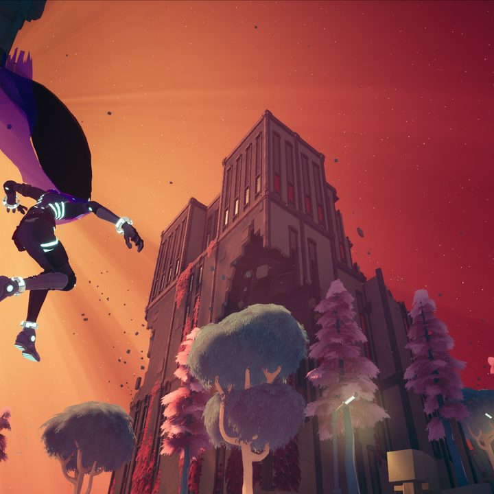 Rei jumps near a building in Solar Ash.