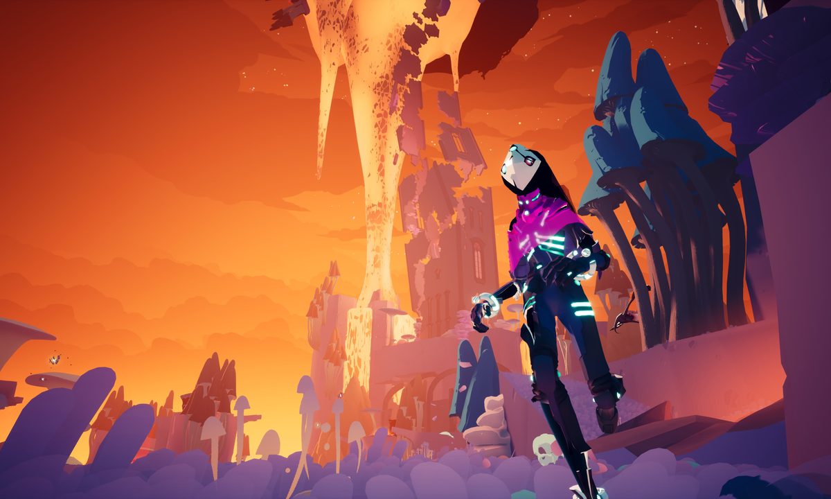 Rei stands in a fiery level in Solar Ash.