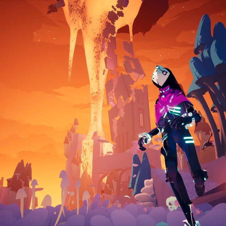 Rei stands in a fiery level in Solar Ash.