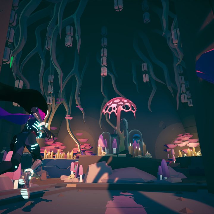 Rei glides into a room with mushrooms in Solar Ash.