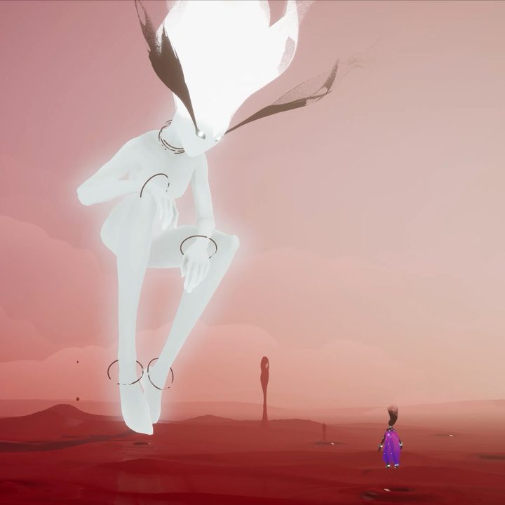 A white figure speaks to Rei in Solar Ash.