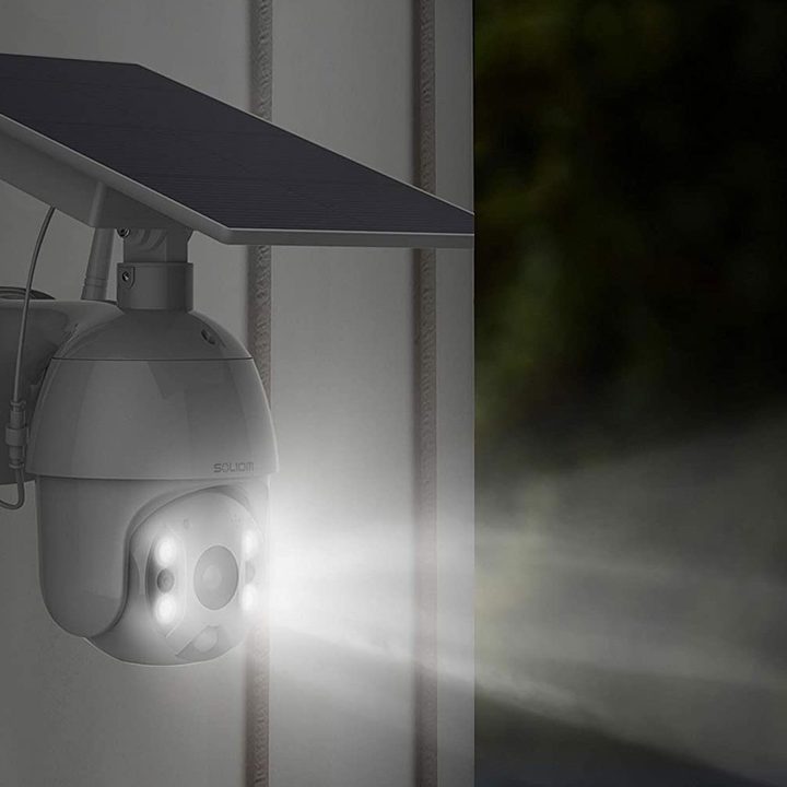 Soliom S600 security camera at night with spotlights on.