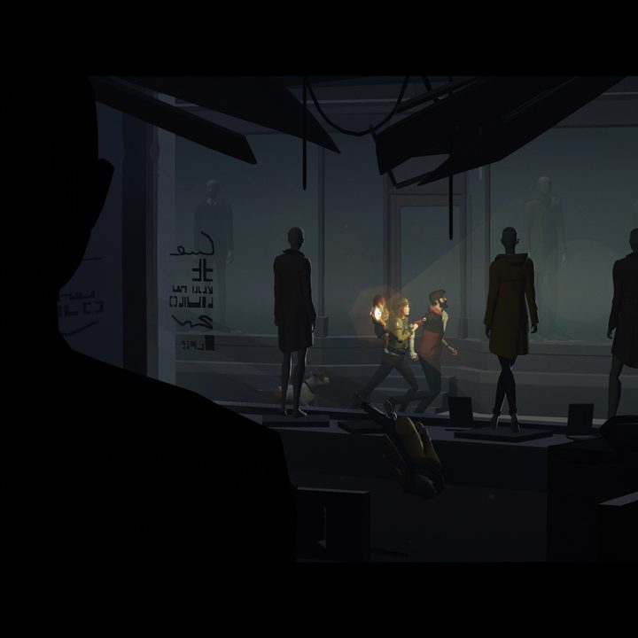 Characters explore a dark room, full of mysterious figures in Somerville.