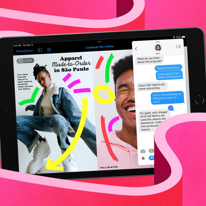 Apple iPad (9th gen) image on a pink stylized background.